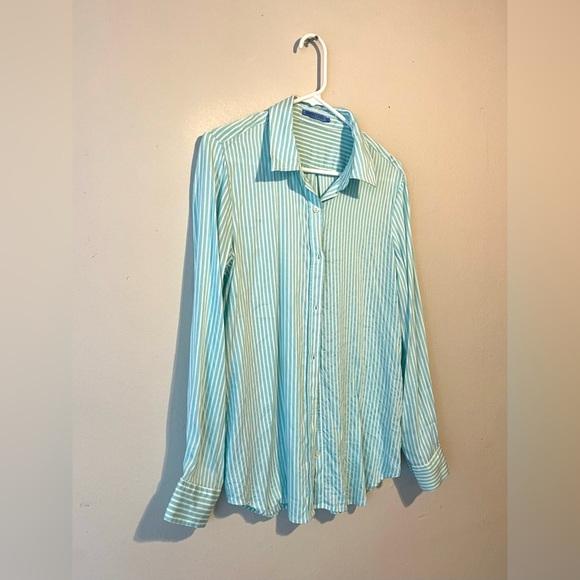 J.MCLAUGHLIN DENVER SILK-BLEND BLOUSE SIZE L GREEN WHITE EUC - Picture 4 of 10